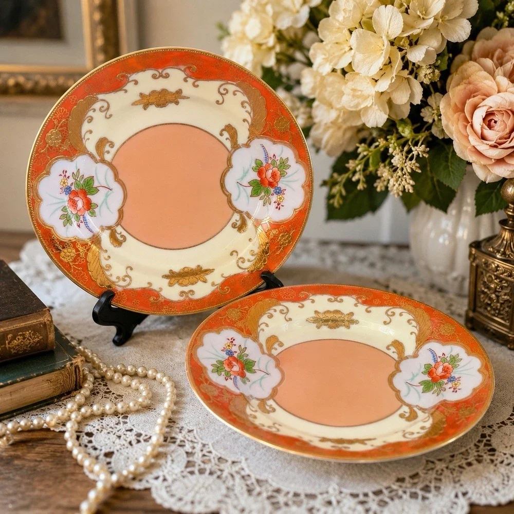Antique 1920s Moriyama Mori Machi Japan Dessert Plates Raised Gold Gilt Set 2